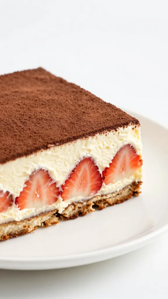 closeup slice of strawberry tiramisu on white plate, studio lighting
