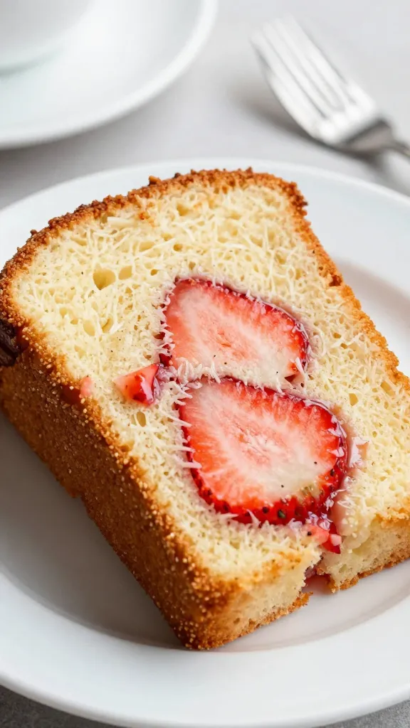 closeup slice of strawberry pound cake on white plate