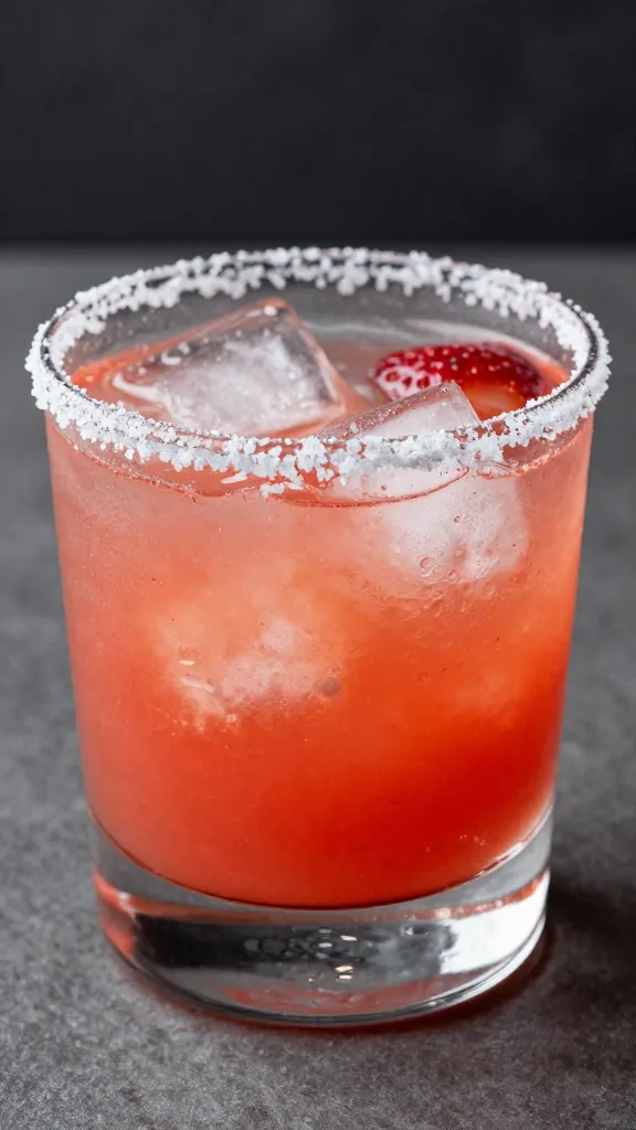 frosty strawberry margarita in rocks glass with salted rim