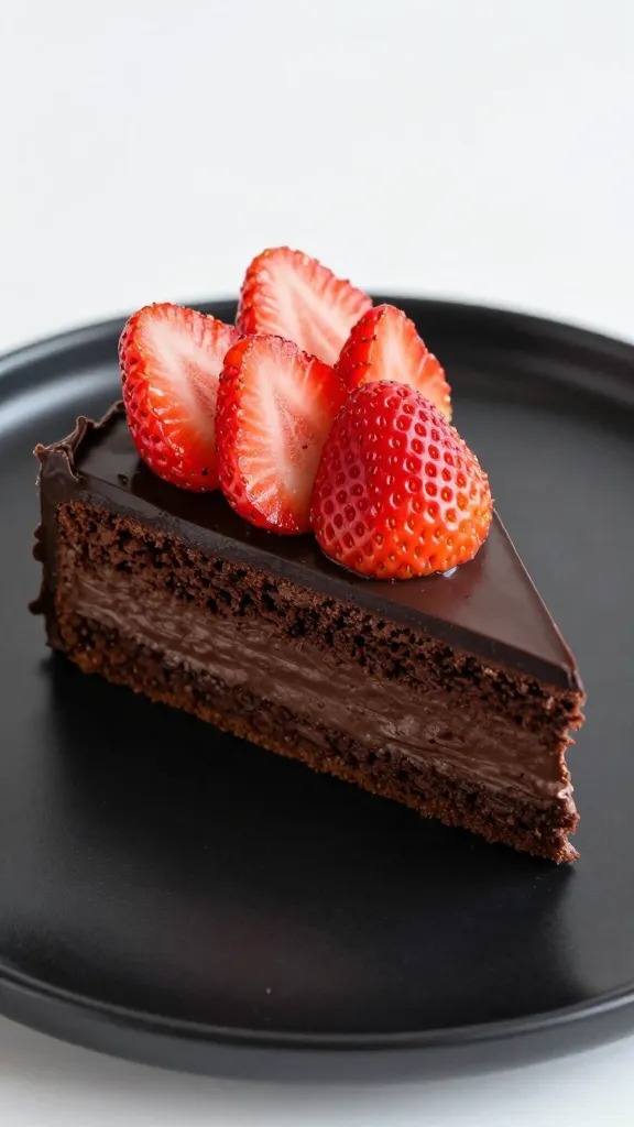 closeup slice of strawberry chocolate cake on matte black plate