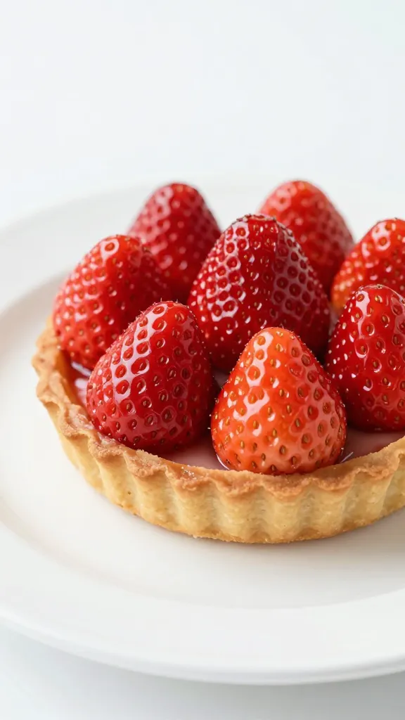 closeup strawberry tart slice on white plate, glossy berries