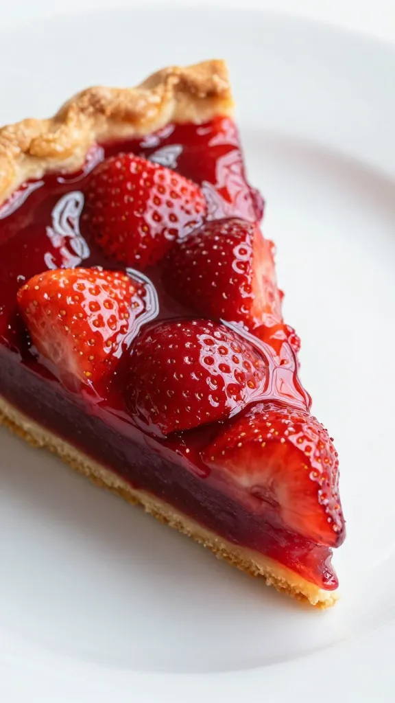 glossy strawberry pie slice on white plate, flaky crust closeup