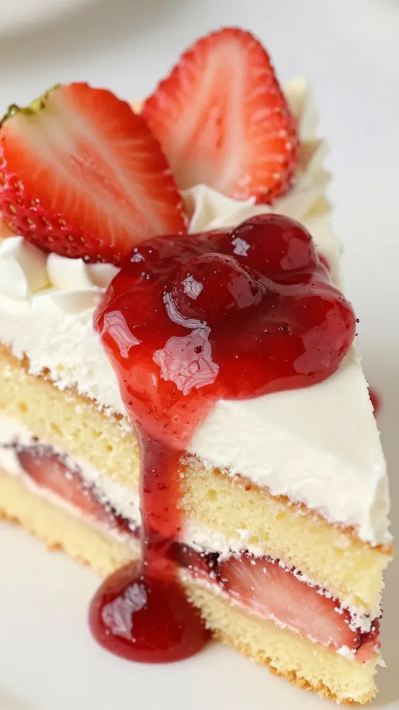 closeup strawberry shortcake slice with glossy cherry jam swipe
