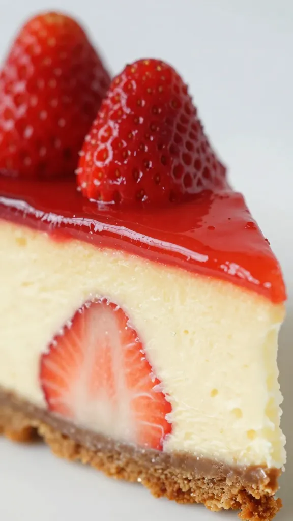 closeup slice of strawberry cheesecake with glossy topping