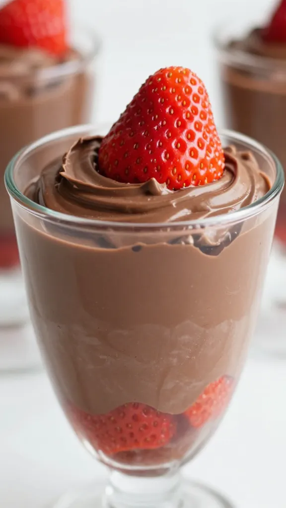 closeup clear cup of layered chocolate strawberry parfait