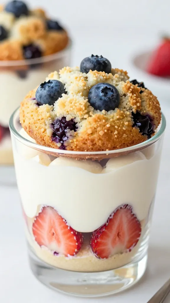closeup blueberry muffin strawberry shortcake parfait in clear glass