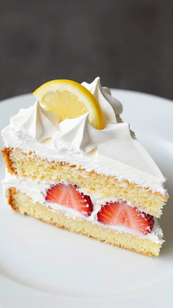 Closeup lemon meringue strawberry shortcake slice on white plate