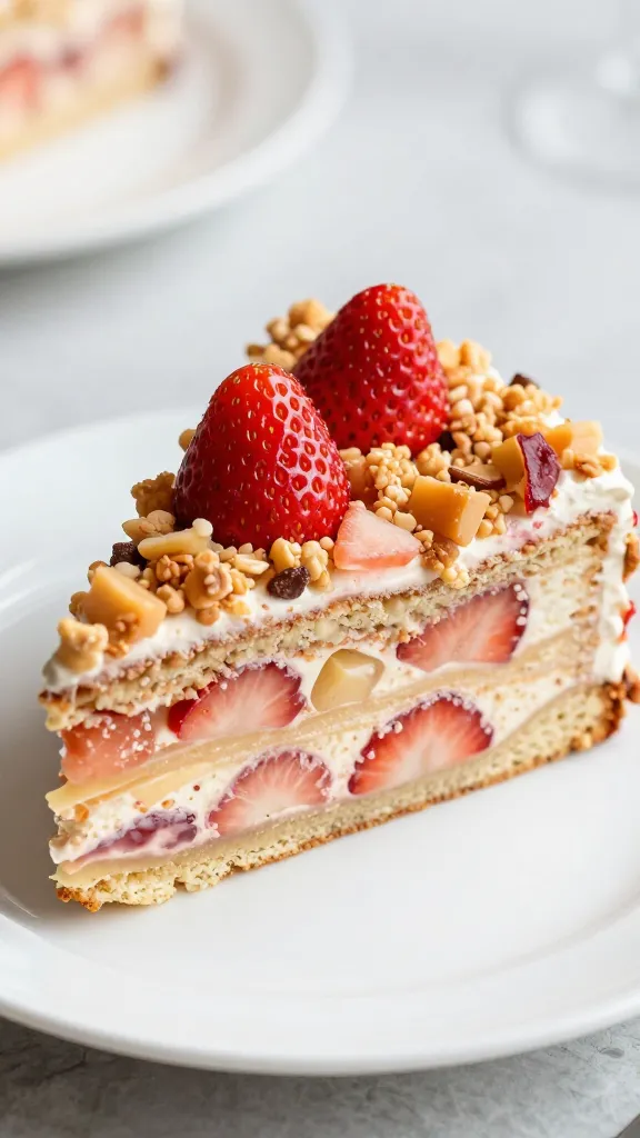 closeup slice of strawberry crunch cake on white plate