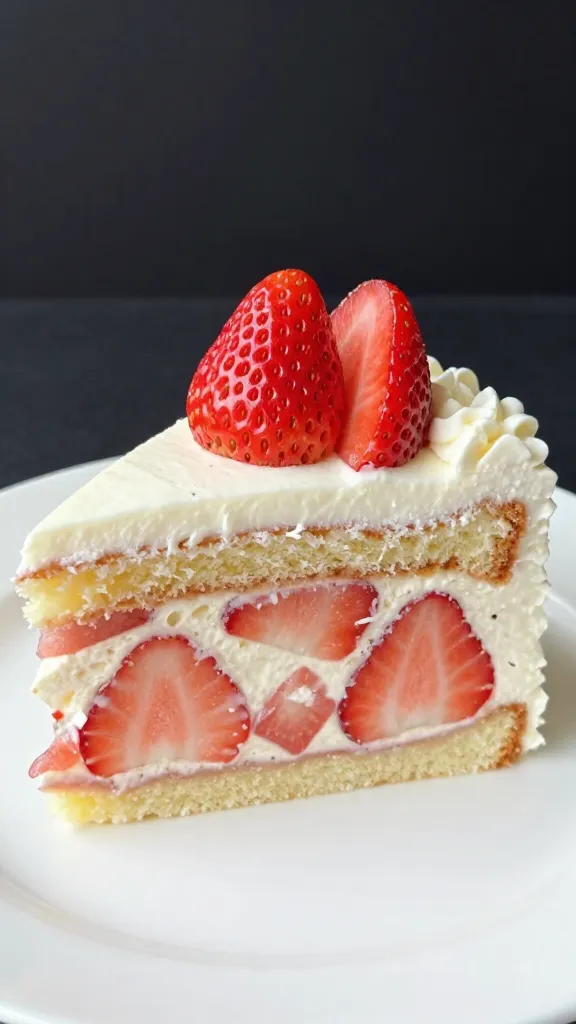 closeup slice of strawberry poke cake on white plate