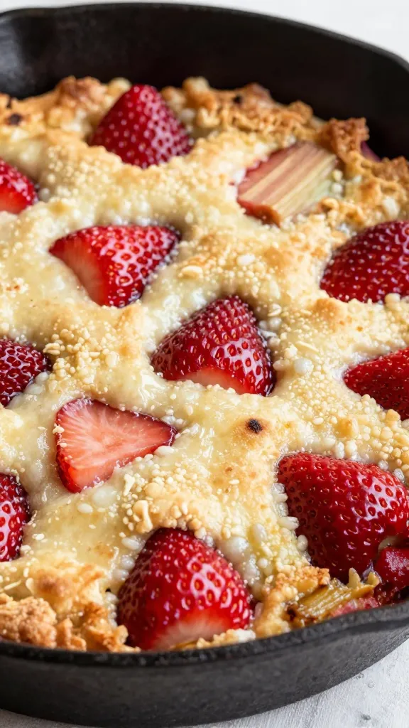 closeup strawberry rhubarb crisp in cast-iron skillet, bubbling edges