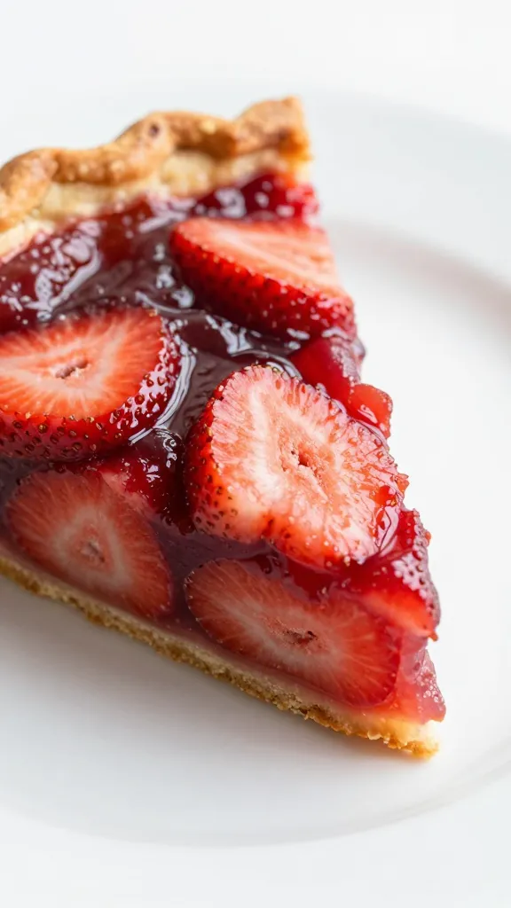 closeup slice of strawberry rhubarb pie on white plate