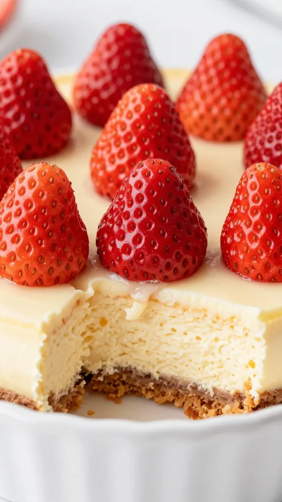 closeup of strawberry cheesecake dump cake in white baking dish