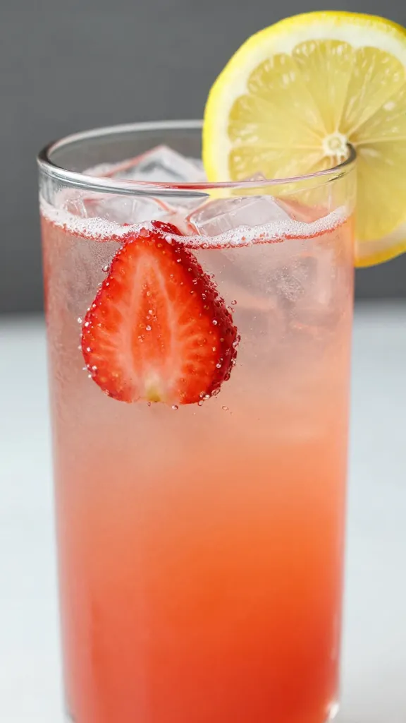 closeup glass of strawberry lemonade with lemon wheel garnish