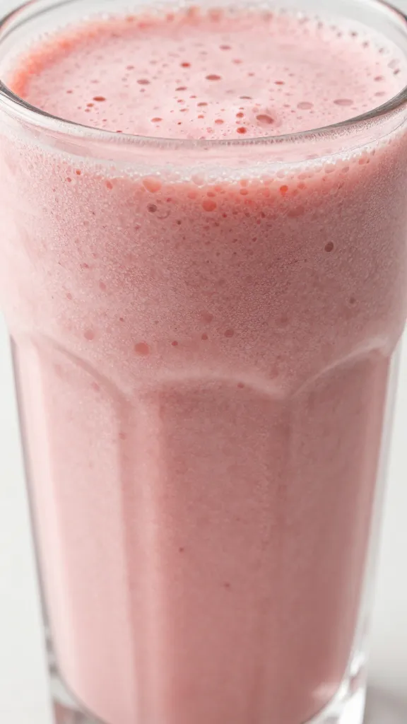 closeup of thick strawberry smoothie in clear glass, frosty condensation