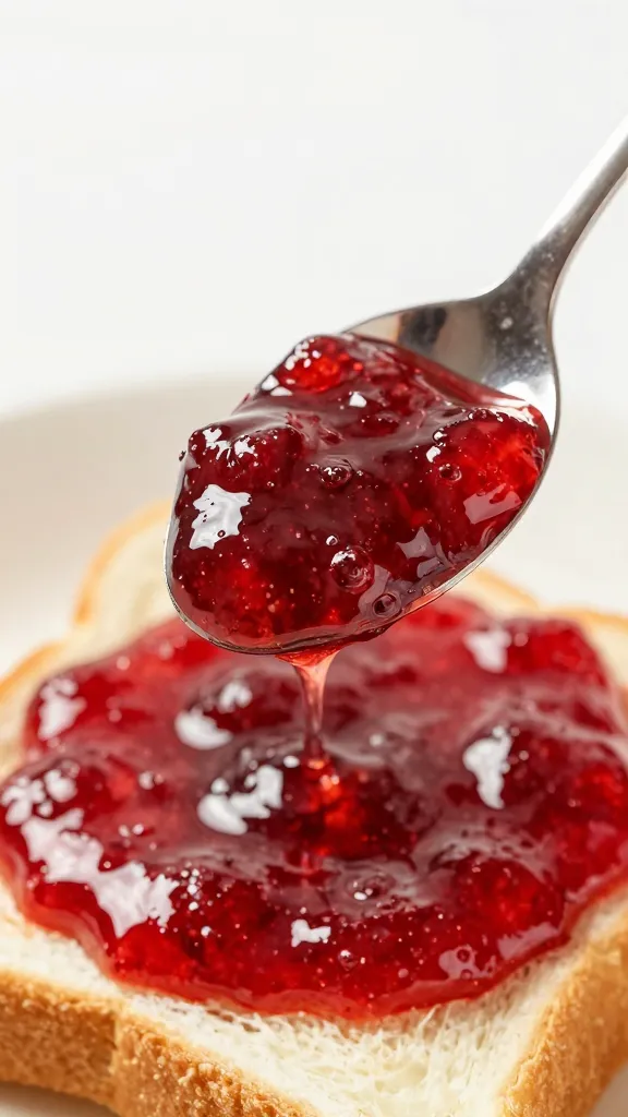 closeup spoonful of glossy strawberry jam over toast