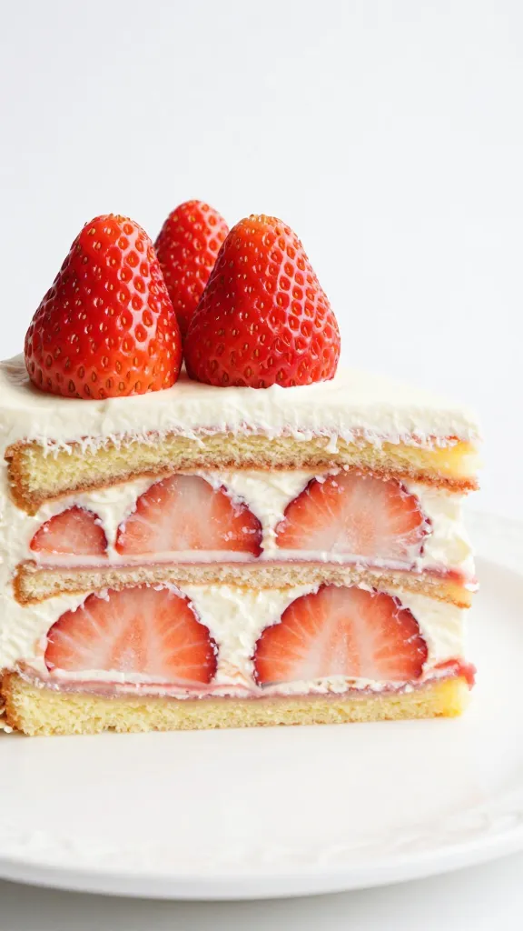 closeup slice of strawberry layer cake on white plate