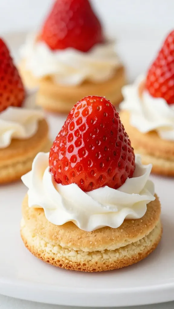 closeup biscuit-style strawberry shortcake with whipped cream on white plate