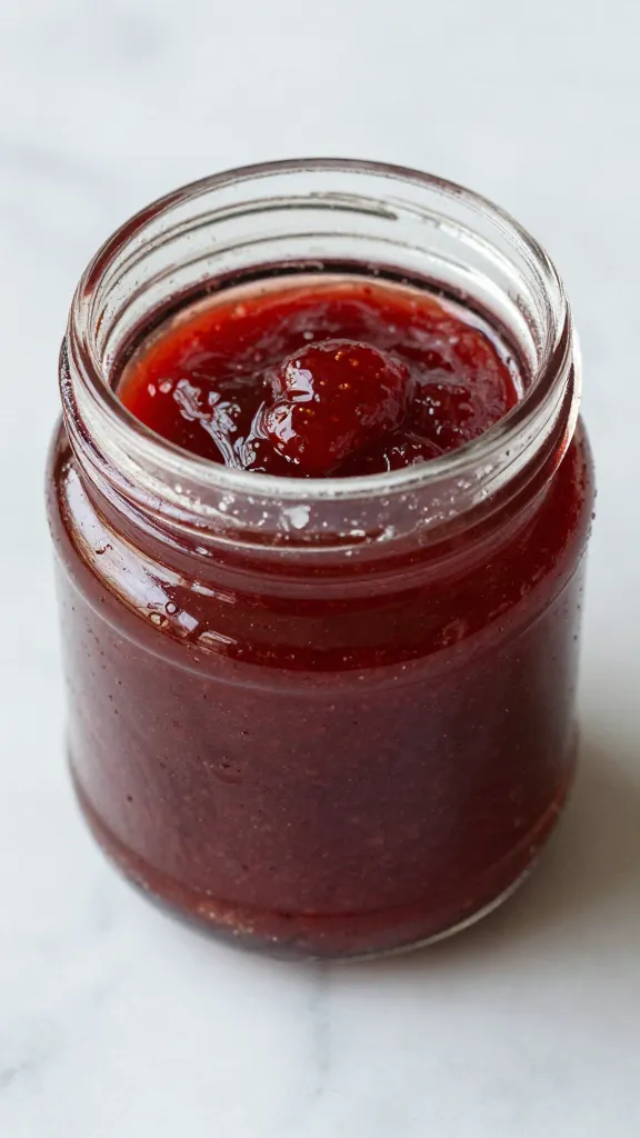 Closeup jar of glossy strawberry sauce on marble countertop
