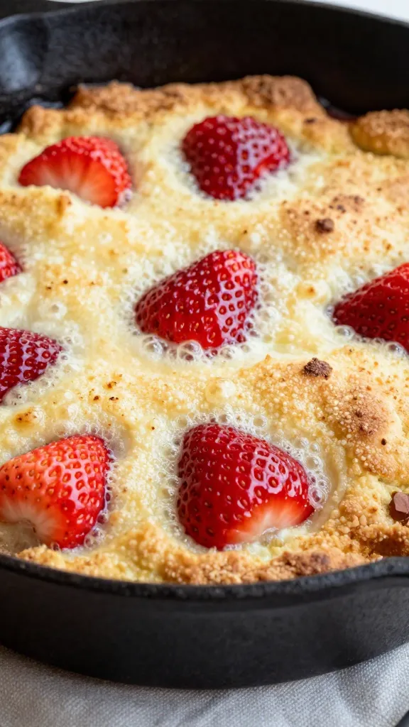 closeup strawberry cobbler in cast-iron skillet, bubbling crust