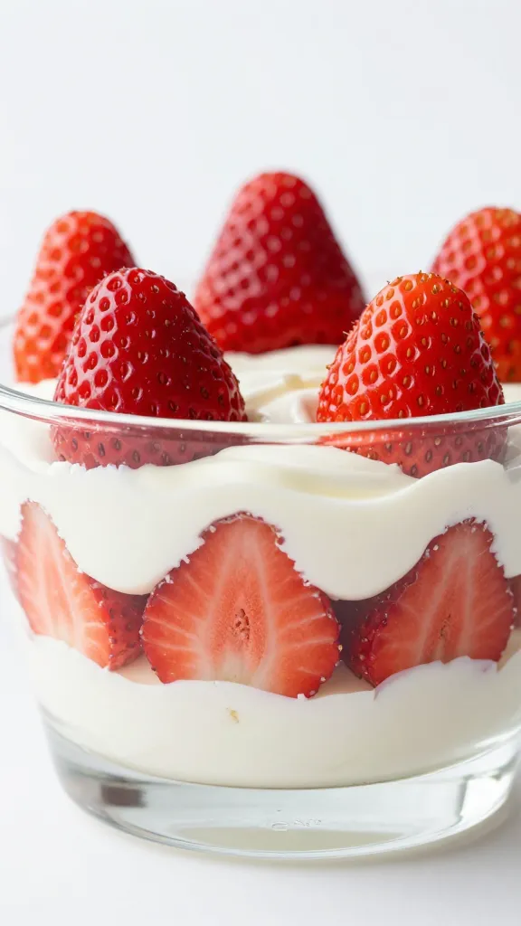 closeup strawberry trifle in clear glass bowl, studio lighting