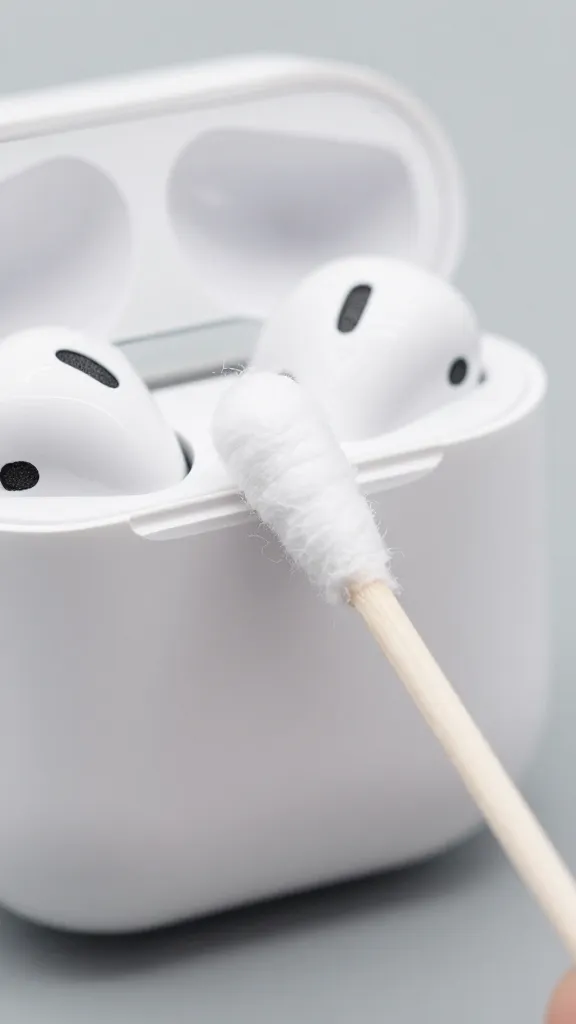 closeup of a single AirPod being cleaned with a cotton swab