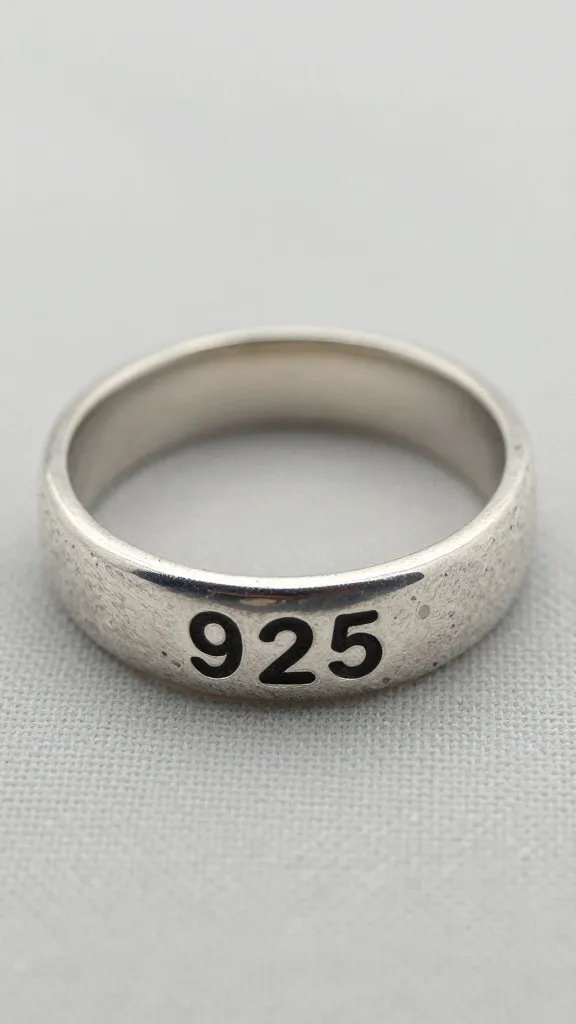 closeup of tarnished sterling silver ring stamped 925 on cloth