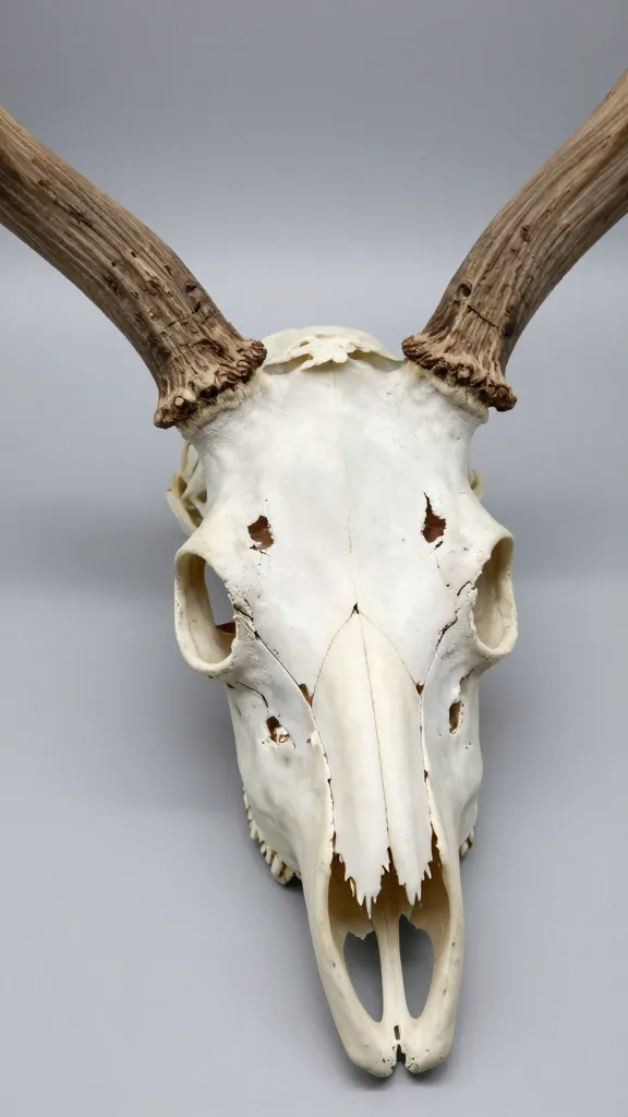 closeup of a single cleaned deer skull on neutral backdrop