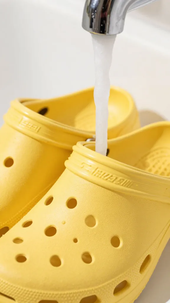 closeup of soapy yellow Croc clog under running faucet