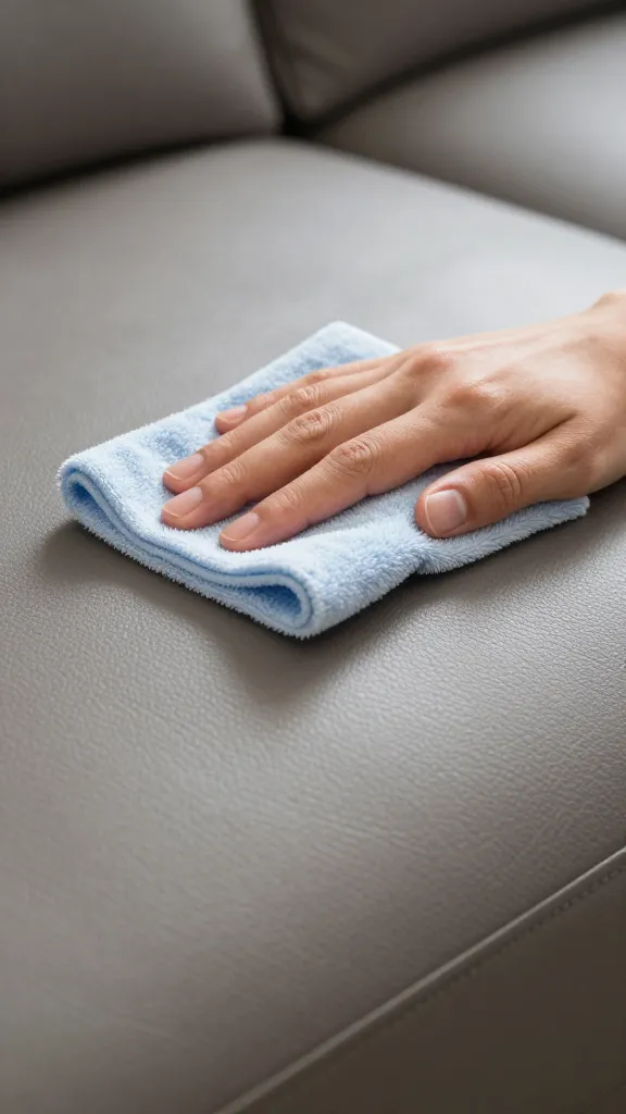 closeup of microfiber cloth wiping a protected leather couch cushion