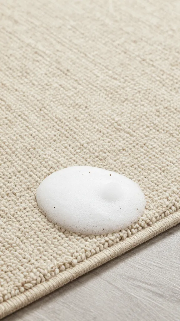 closeup of wool area rug corner with white foam cleanser