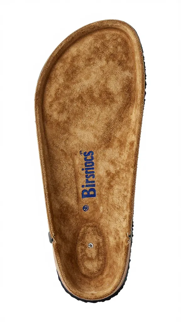 closeup of a single Birkenstock footbed with suede brush