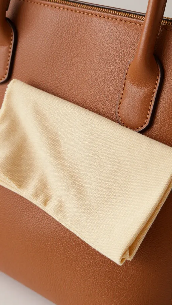 closeup of tan leather purse with soft cloth cleaning