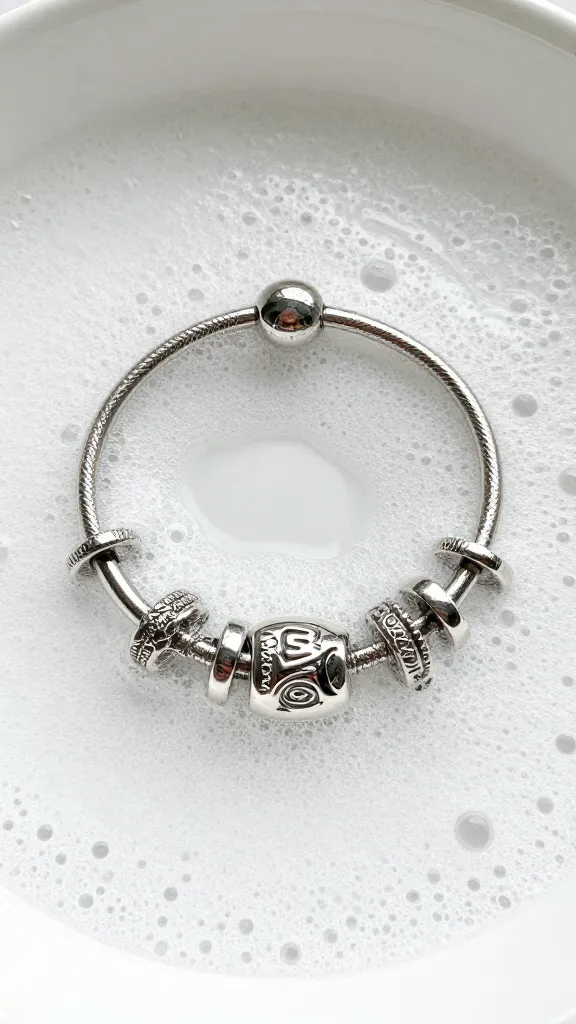 closeup sterling silver Pandora bracelet in soapy water bowl