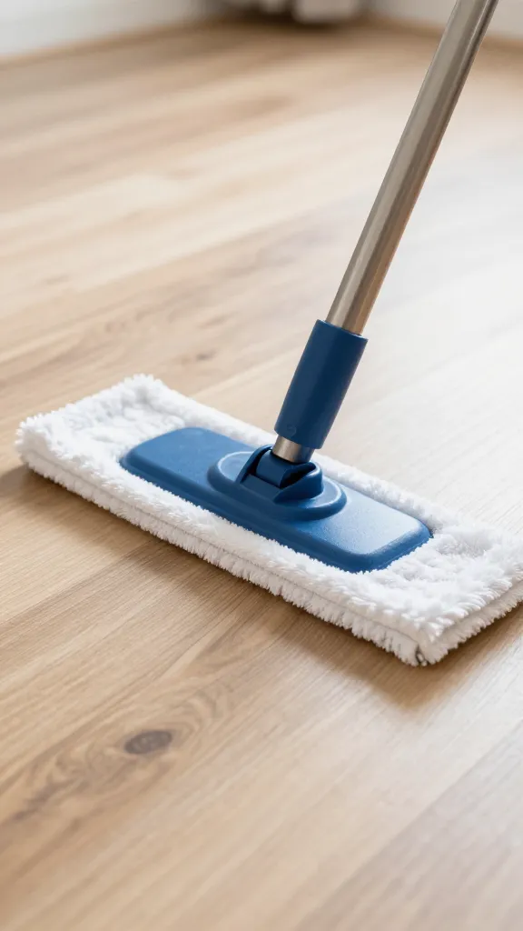 closeup microfiber dust mop on laminate floor, natural light
