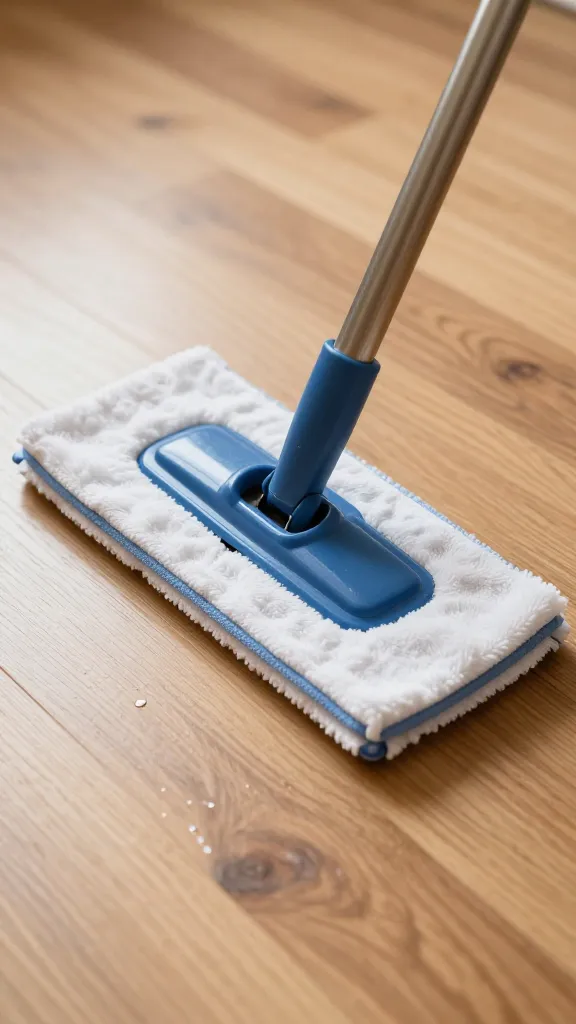 microfiber flat mop on sealed wood floor, closeup, natural light