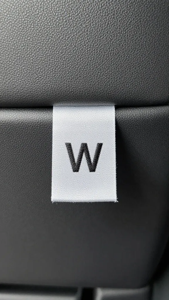 closeup of upholstery fabric tag showing “W” code under seat