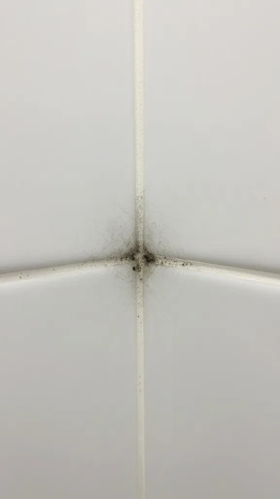 closeup of black mold on white shower grout lines