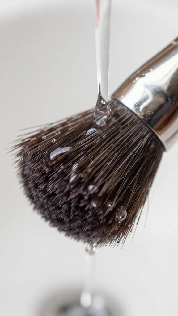 closeup of wet makeup brush bristles under lukewarm running water