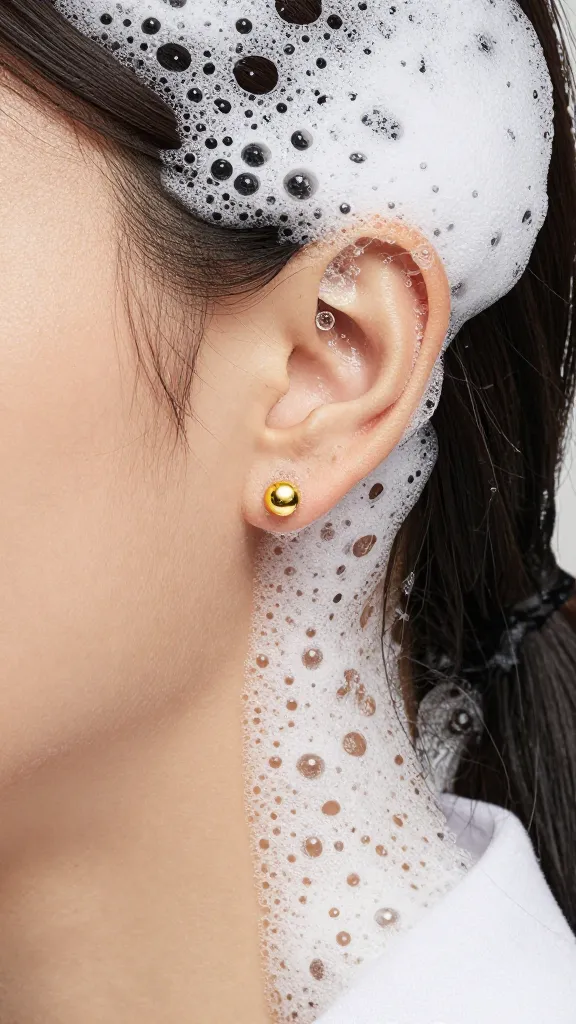 closeup of a single gold stud earring in soapy water