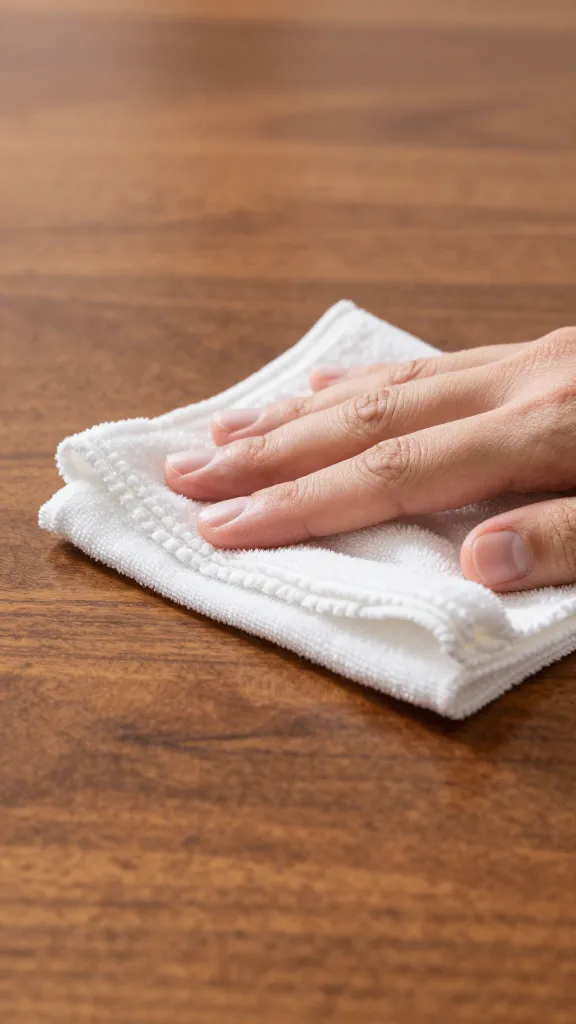 closeup of soft microfiber cloth wiping lacquered wood tabletop