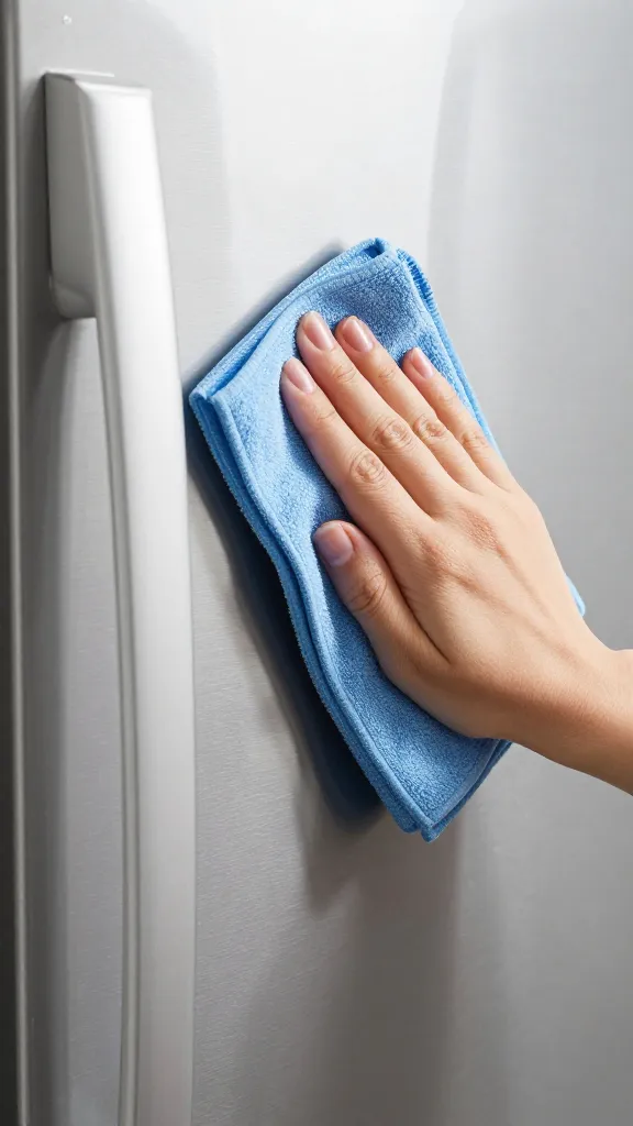 microfiber cloth wiping stainless steel fridge door, closeup, no streaks