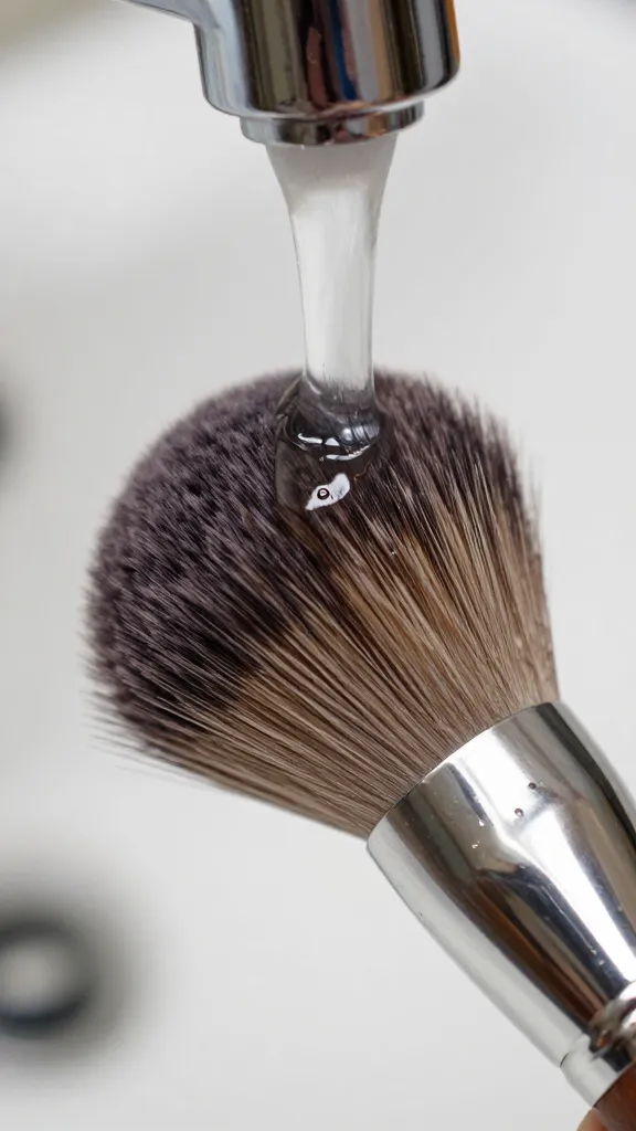 closeup of soapy makeup brush bristles under running faucet
