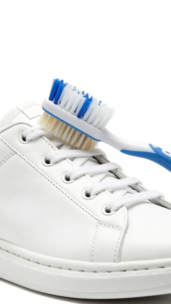 closeup of a single white leather sneaker being scrubbed with toothbrush