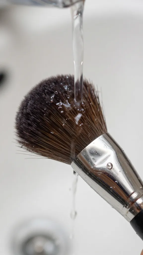 closeup of a single wet makeup brush under running warm water