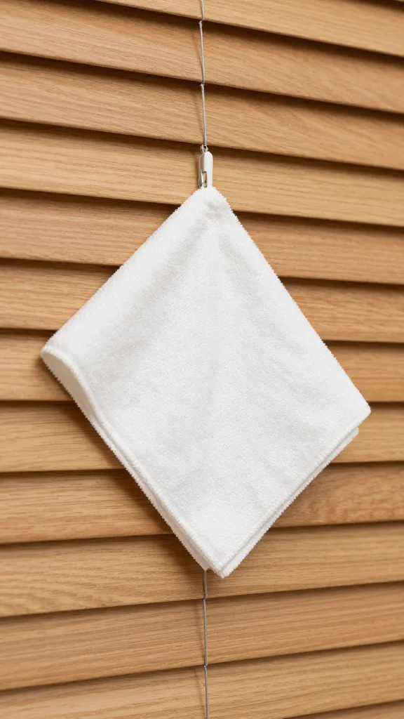 closeup faux wood blind slat wiped with microfiber cloth
