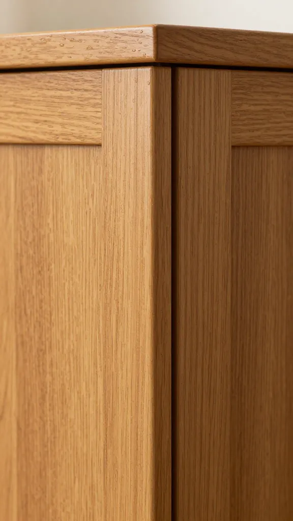 Closeup of greasy oak cabinet door corner, satin finish