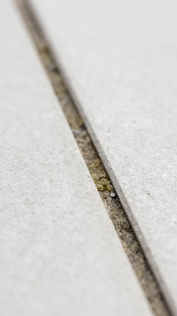 closeup of a single grout line with visible mildew buildup