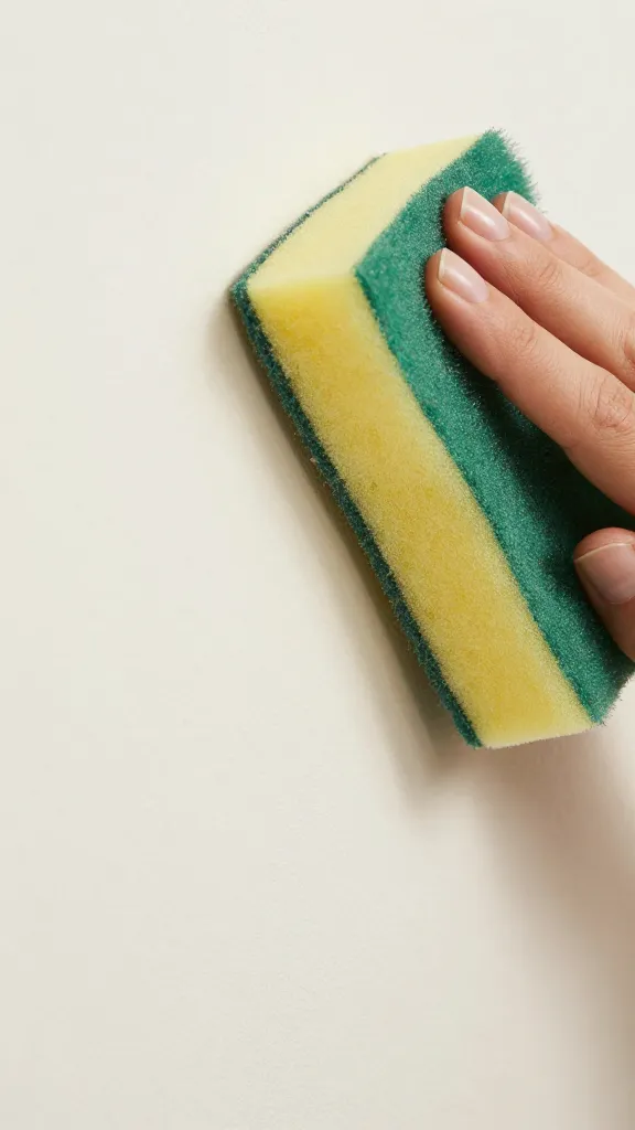 closeup microfiber sponge wiping scuff on eggshell painted wall