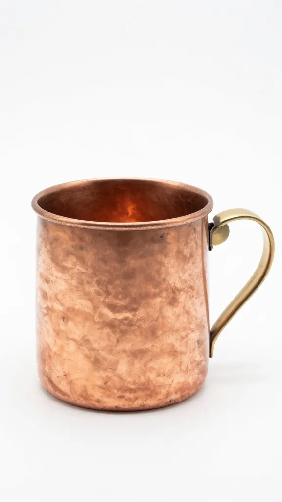 closeup of tarnished solid copper mug on white background