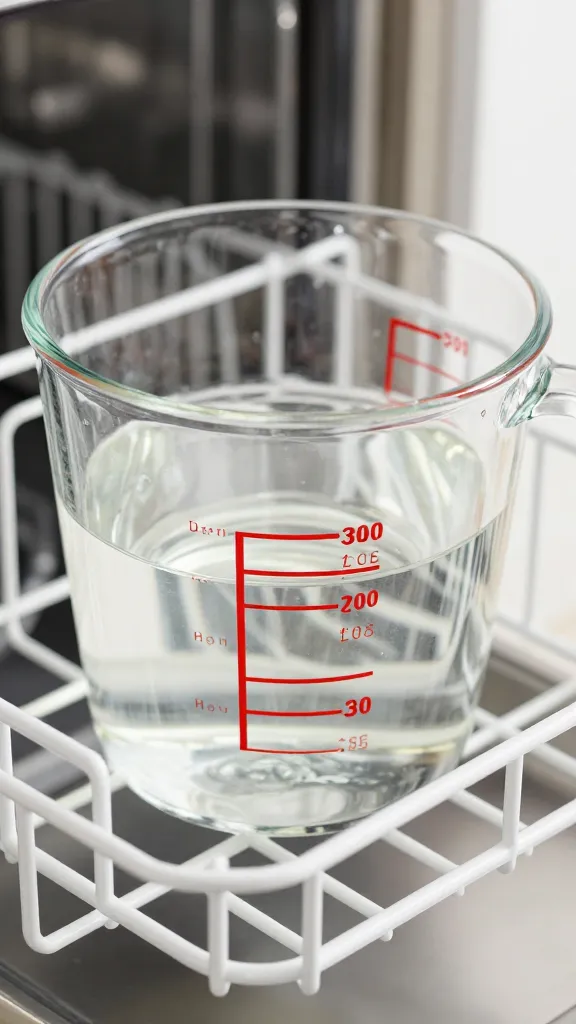 clear glass measuring cup of white vinegar on dishwasher rack closeup